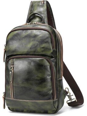 Men's Green Full Grain Leather Sling Chest Daypack 12.9 Inch iPad Crossbody Bag